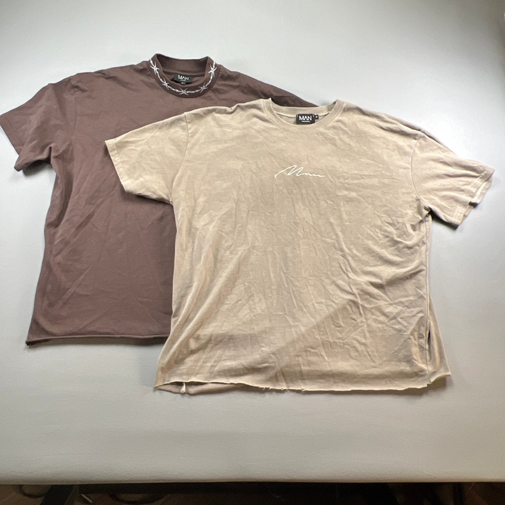 Set Of 2 Boohoo T Shirt Mens Medium Multi Signature Script Embroidered Raw Hem